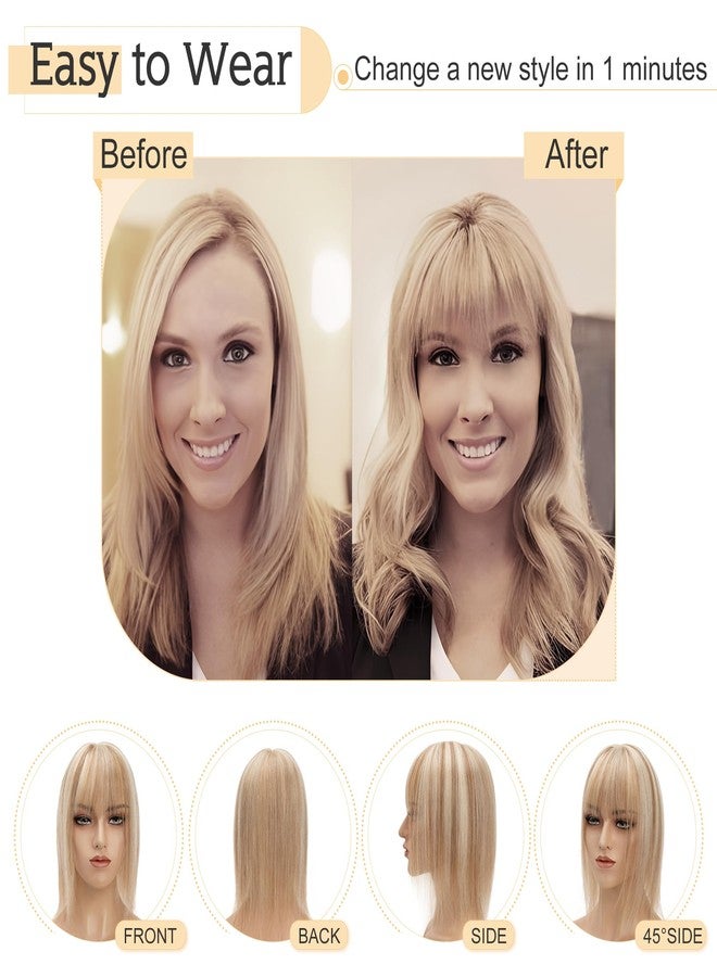 SEGO Hair Toppers for Women Real Human Hair With Bangs, 7 * 13CM Silk Base 100% Remy Human Hair Clip in Top Wiglet Hairpieces Add Volume -6 Inch Golden Brown&Bleach Blonde - Image 5